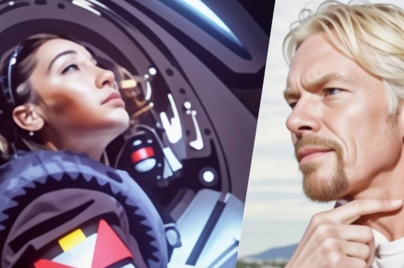 Ричард Брэнсон на земле и "суборбитнавтка" в корабле Unity (один из предыдущих полетов)