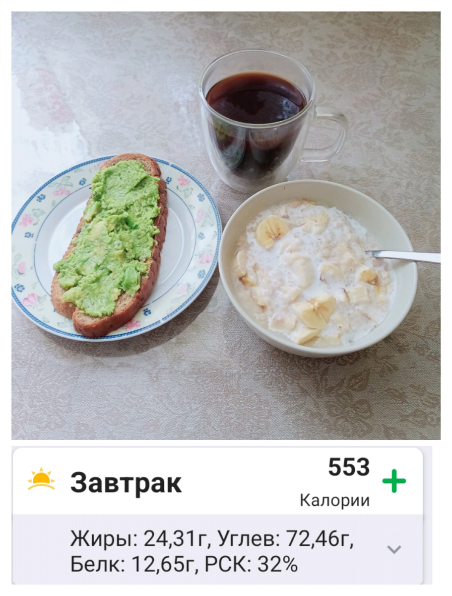 Завтрак: овсянка с кокосовым молоком, бананом, хлеб с половиной авокадо и кофе.