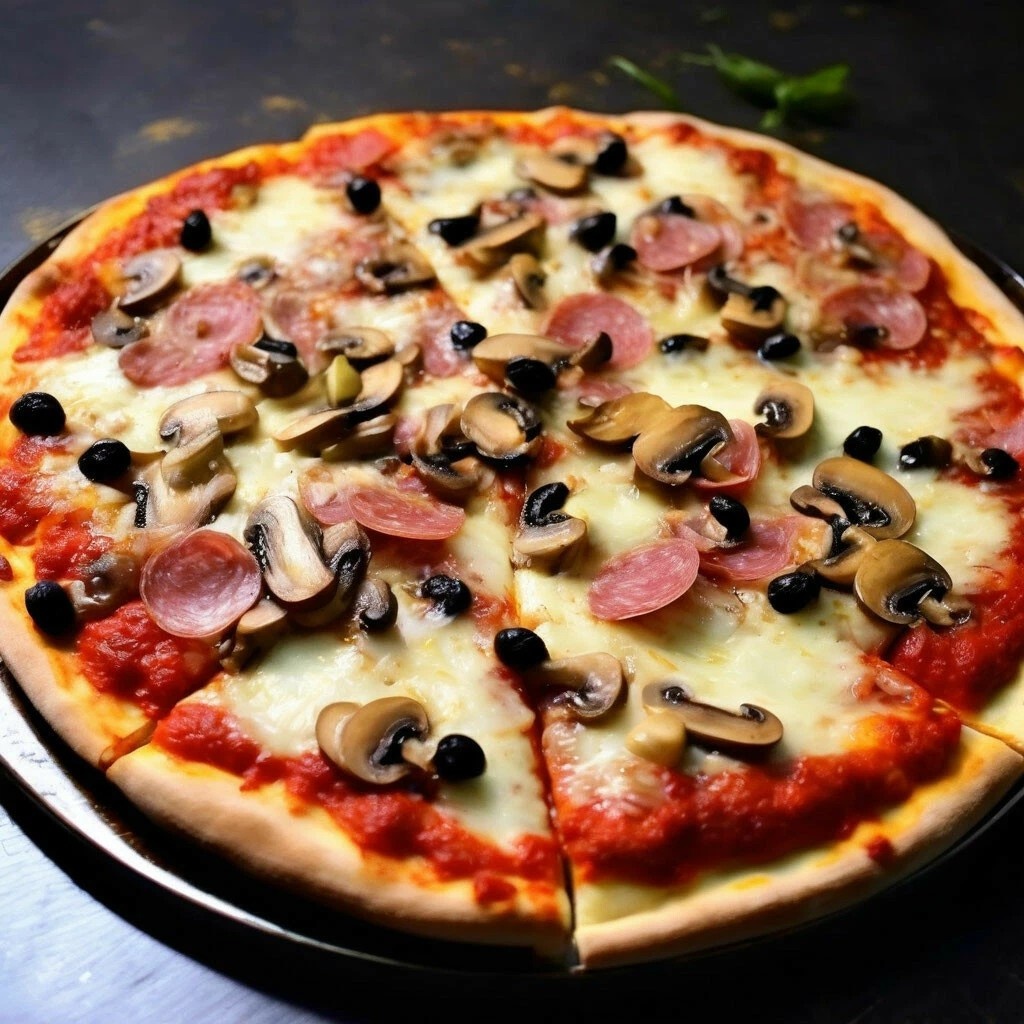 Пицца "Пеперони" с пикантной основой, томатным соусом, салями, грибами, сыром и маслинами