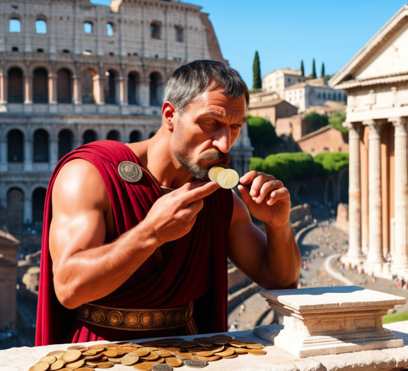 Фото: сгенерировано нейросетью | сайт robotext.io (получилось не очень, но всё равно прикольно) запрос для картинки: «древний римлянин вкушает золотые монеты в Древнем Риме».