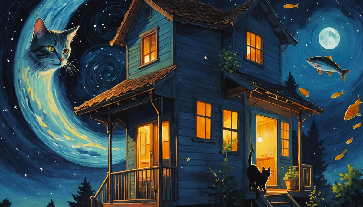 Ночь и кот. Иллюстрация создана с помощью нейросетей DreamAI и Dreamshaper XL Lightning и программы Photoshop.