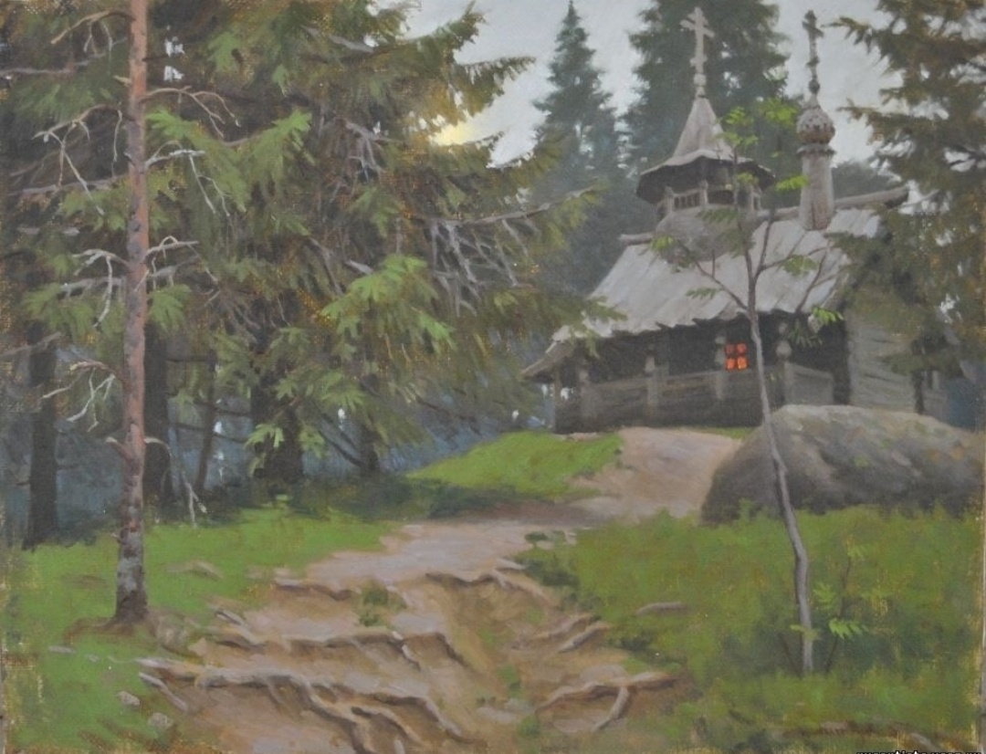 В лесной чаще. Скит. Художник Сергей Чуданов
