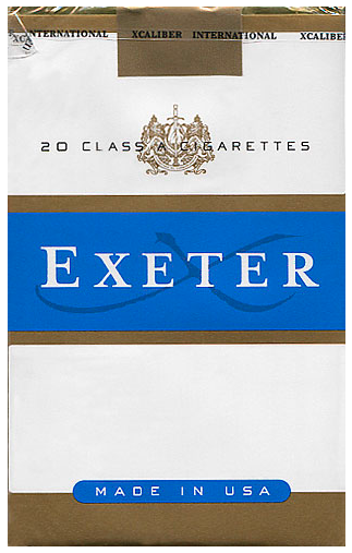 "Exeter" Lights. США, начало 2000-х годов. 20 штук с фильтром в мягкой упаковке в целлофане.  Производитель: "Xcaliber International Ltd.". Владелец торговой марки: "Xcaliber International Ltd.".