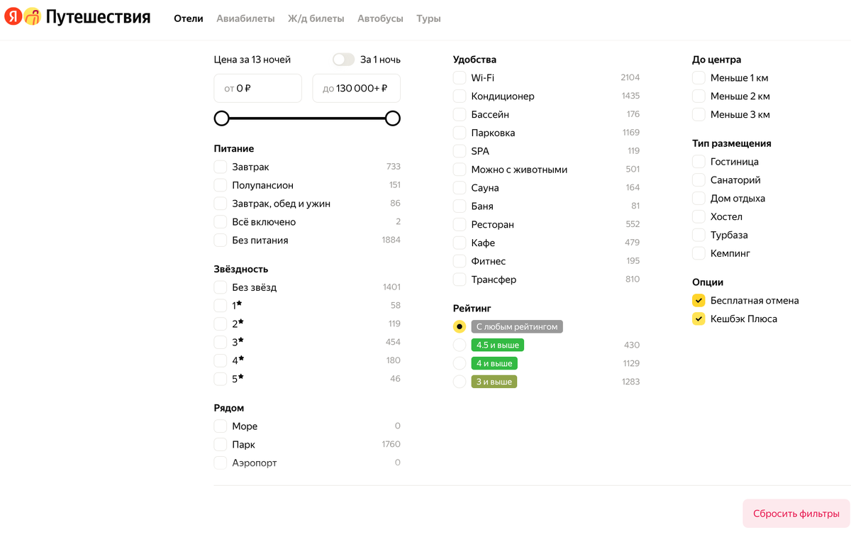 Так выбор питания выглядит на Яндекс Путешествиях