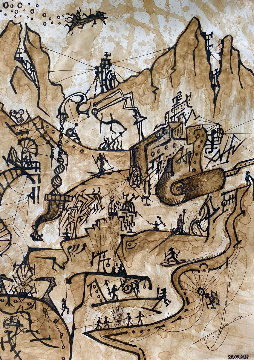 На картине мы видим не только изображение людей, но и отражение размышлений о нашем собственном существовании. Каждый из нас, как герои этой картины, живет в своей собственной реальности, создавая свою собственную петлю времени, свой мир и свое представление о жизни. Мы все погружены в свои мысли, чувства, обстоятельства, создавая свой уникальный путь и воплощая свою память. Наше собственное восприятие мира и наше внутреннее путешествие образуют уникальную матрицу, в которой мы живем, и которая определяет наше понимание самих себя и окружающего мира.