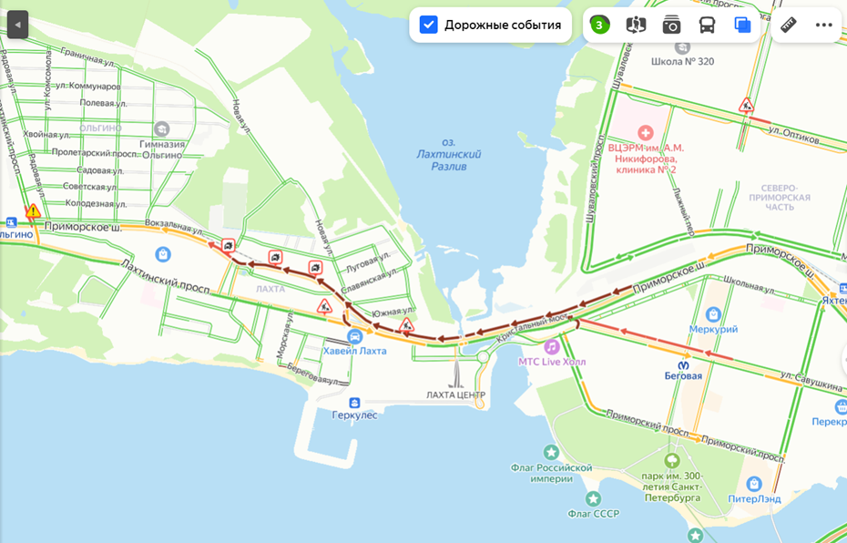    Пробка после смертельной аварии на Приморском шоссе в Петербурге, 16.06.2024. Автор фото: "Яндекс.Карты"