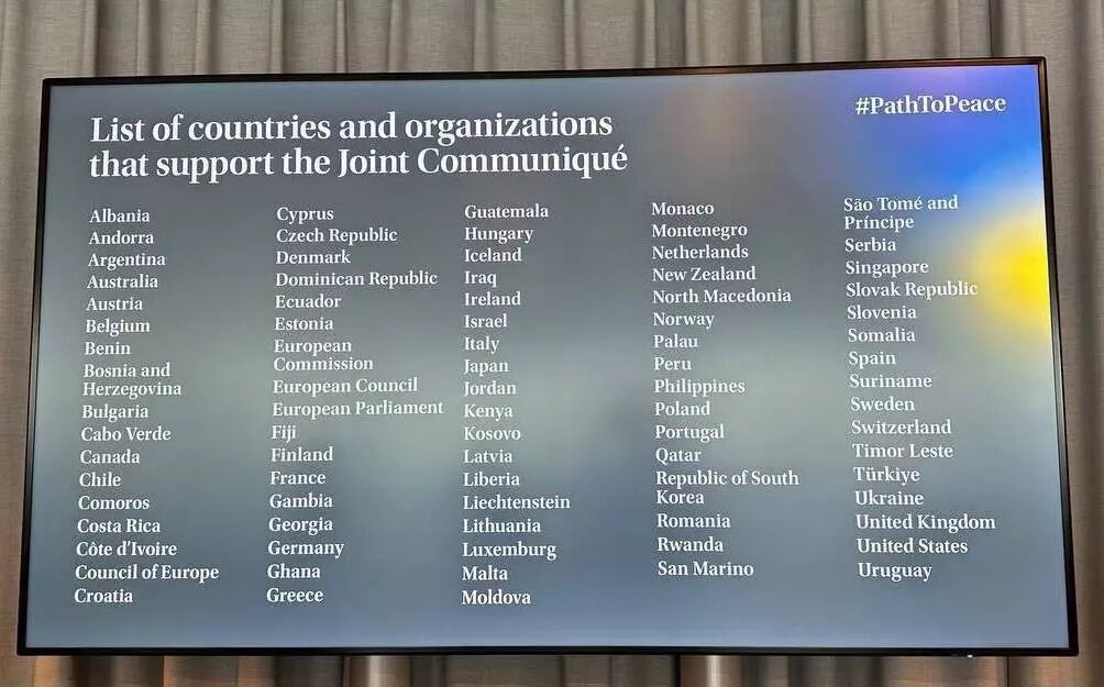 Список стран, подписавших итоговую декларацию на конференции по Украине в Швейцарии. Фото: соцсети