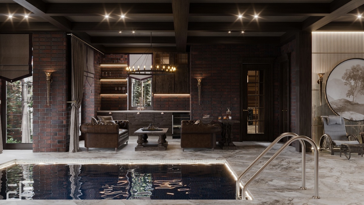 Дизайн интерьера банного комплекса в загородном доме