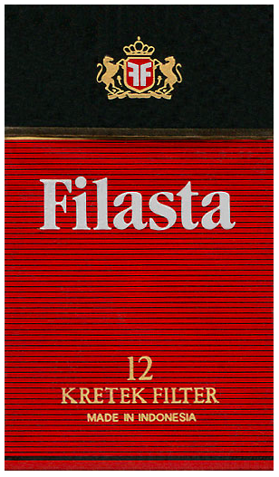 "Filasta". Индонезия, 1980-е годы. 12 штук (кретеков) с фильтром в боксе и в целлофане. Цена (была) 275 рупий. Производитель: "PT Filasta". Владелец торговой марки: "PT Filasta".