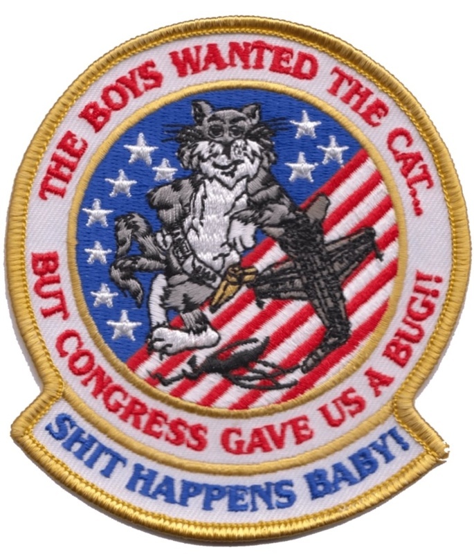 Кстати, обратите внимание на этот патч, вернее на надписи. Что это за жук (Bug), который Конгресс США дал парням-кошатникам? А речь идёт о замене Томкэтов самолетом F/A-18 Hornet (Шершень). Такая вот история.