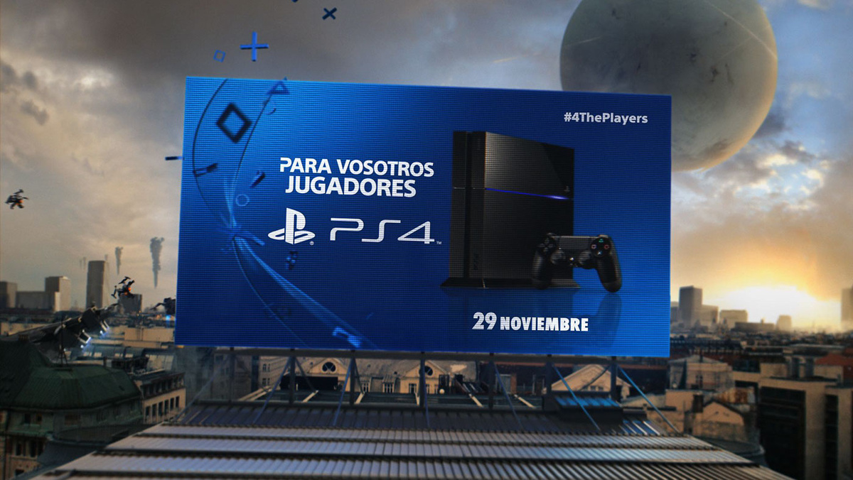 Эта креативная наружная реклама видеоигры PS4 показывает футуристический городской пейзаж с гигантским рекламным щитом, анонсирующим выпуск консоли PlayStation 4 29 ноября. 
