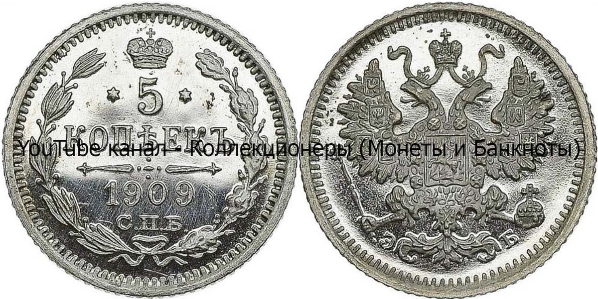 Монета 5 копеек 1909 года.