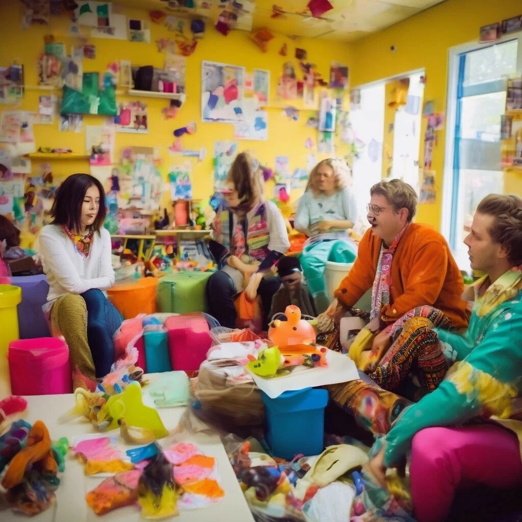 Садик для взрослых от нейросети. Так вот куда уходит папа по утрам - играть с другими дядями и тетями. Что ему дома игрушек мало?!