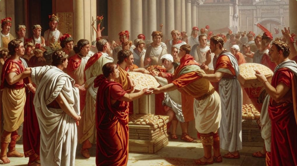 Фото: Раздача хлеба плебсу в Древнем Риме | Генерация нейросети Kandinsky (бесплатная российская версия | благодарим Sber AI).