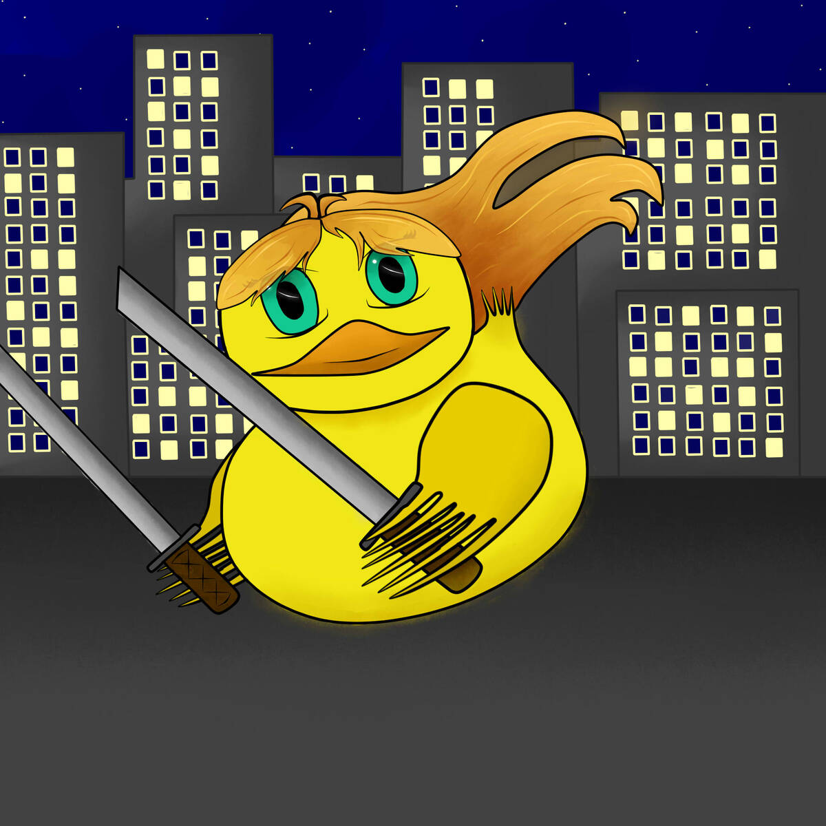 Арт современной художницы Маринетт Мортем "Утка с катанами"