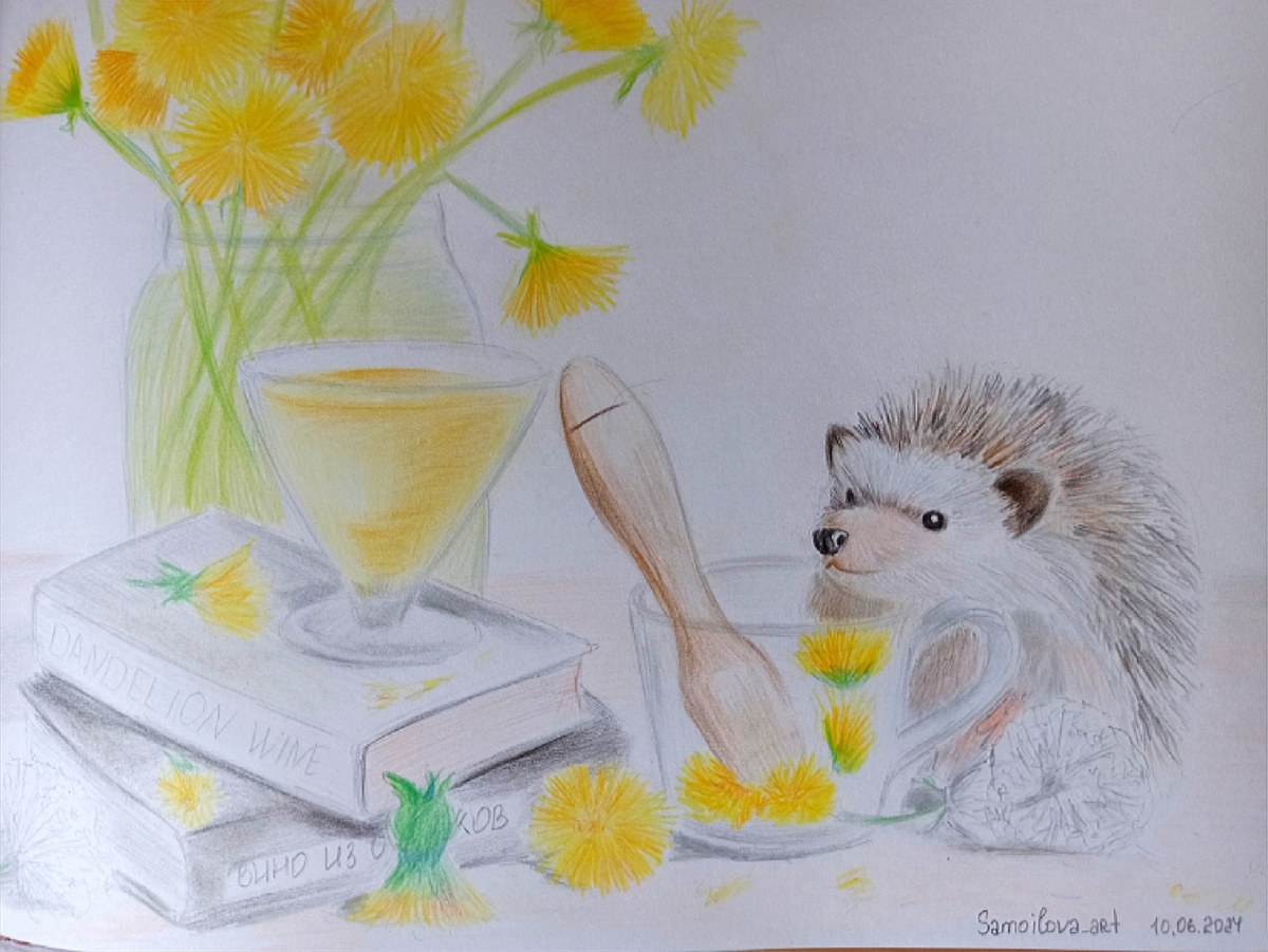 Милый ёжик, который очень любит одуванчики