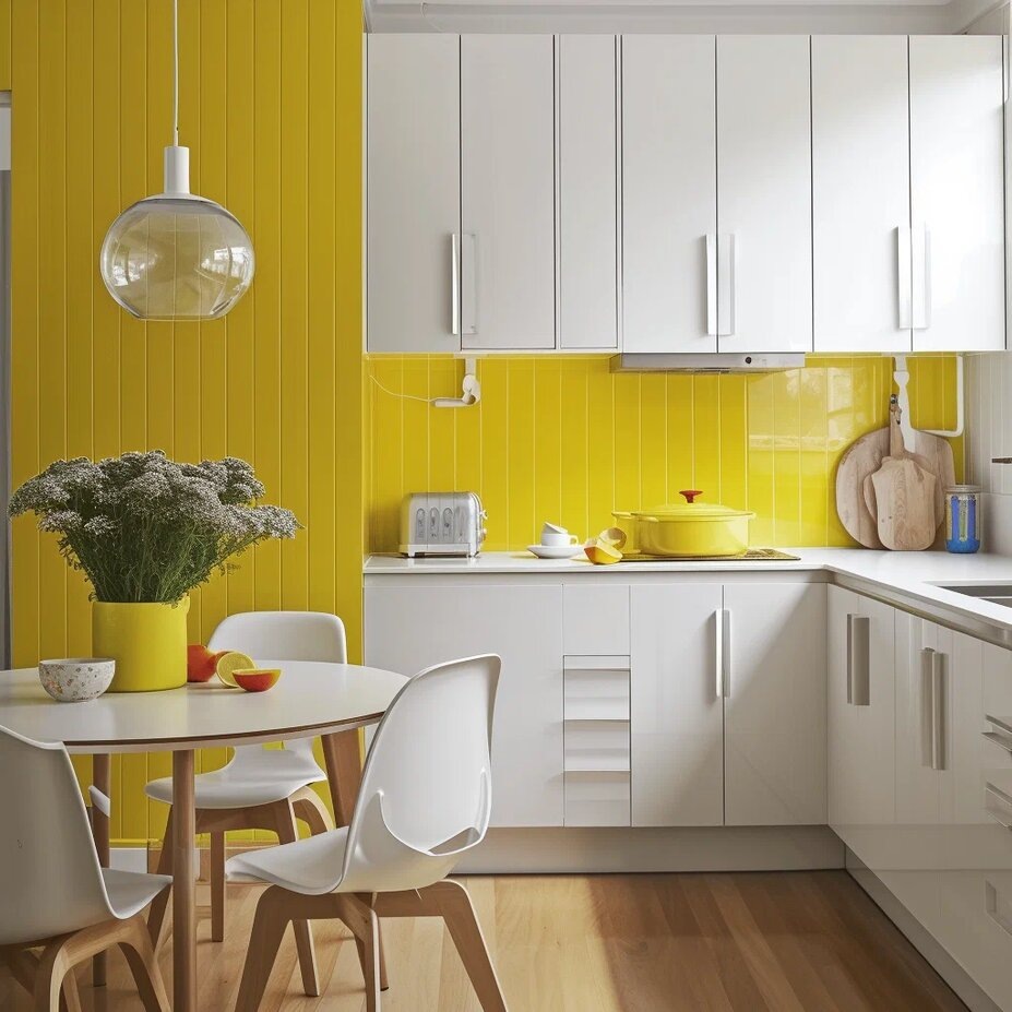 Маленькая кухня в ярком лимонном оттенке