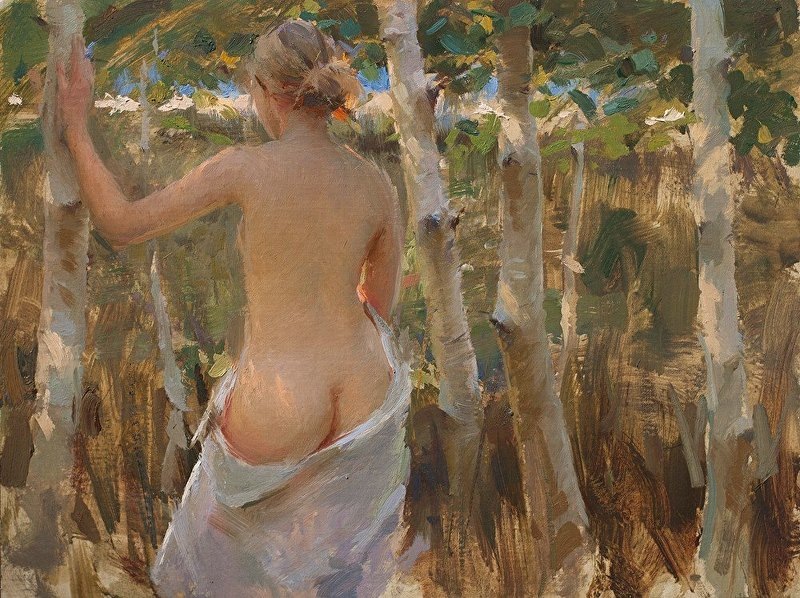 Картина художника Джереми Липкинга / Jeremy Lipking под названием "Обнаженная натура на открытом воздухе - Холст, масло - 12 x 16