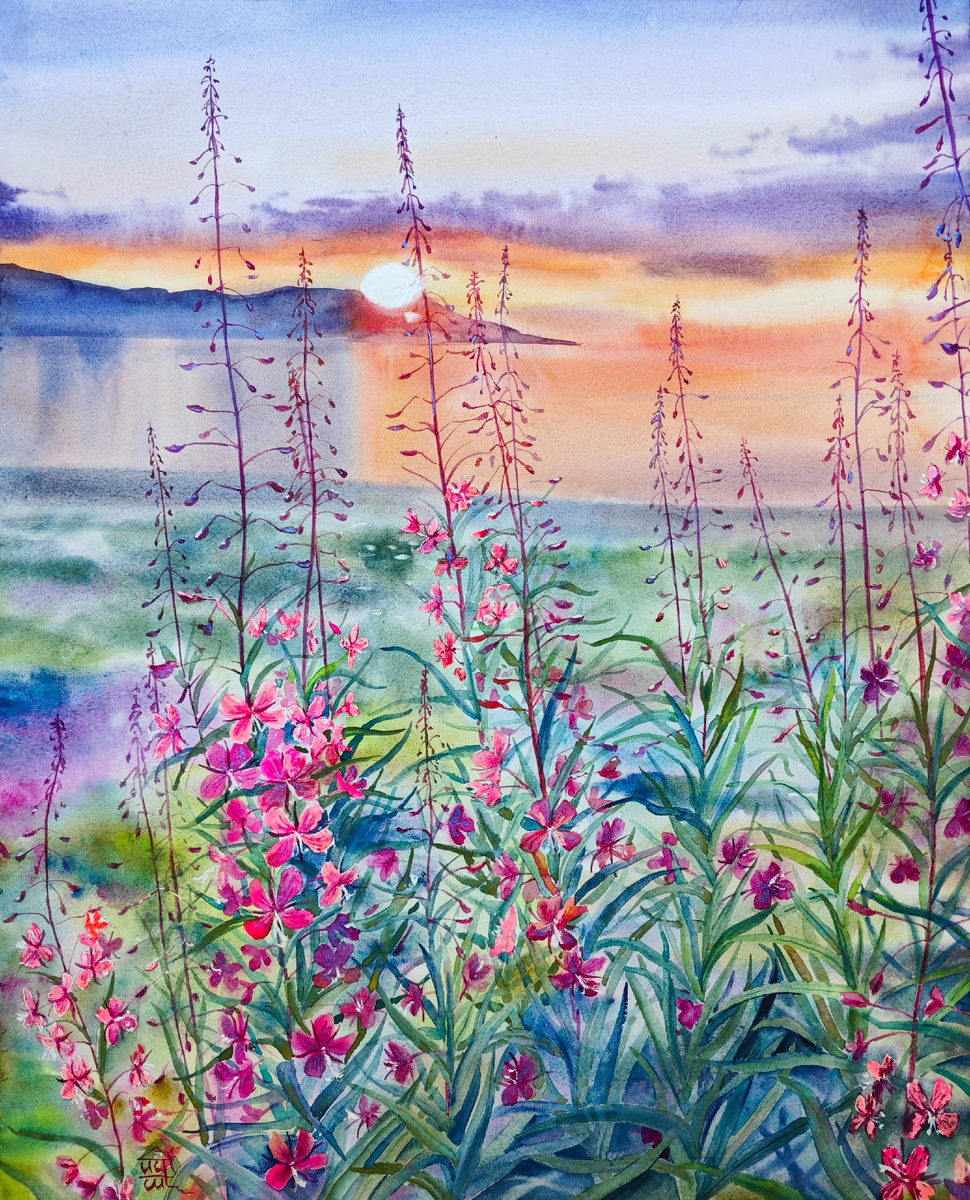 Исаева Елена, Закат в Териберке. Бумага, акварель