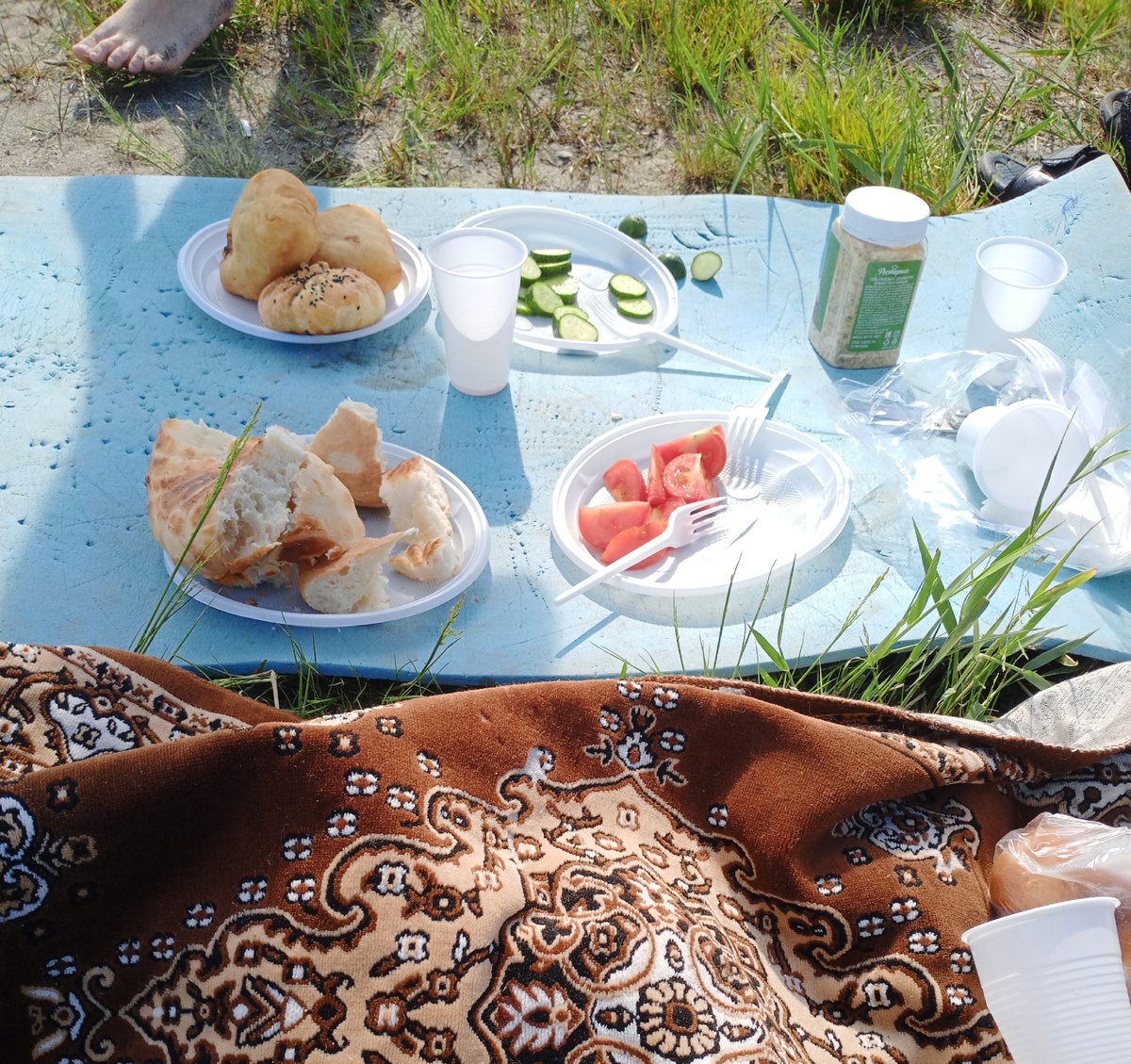 Пикник на берегу озера. Едим мало, но покупаем много напитков- холодный чай, квас, минералка.