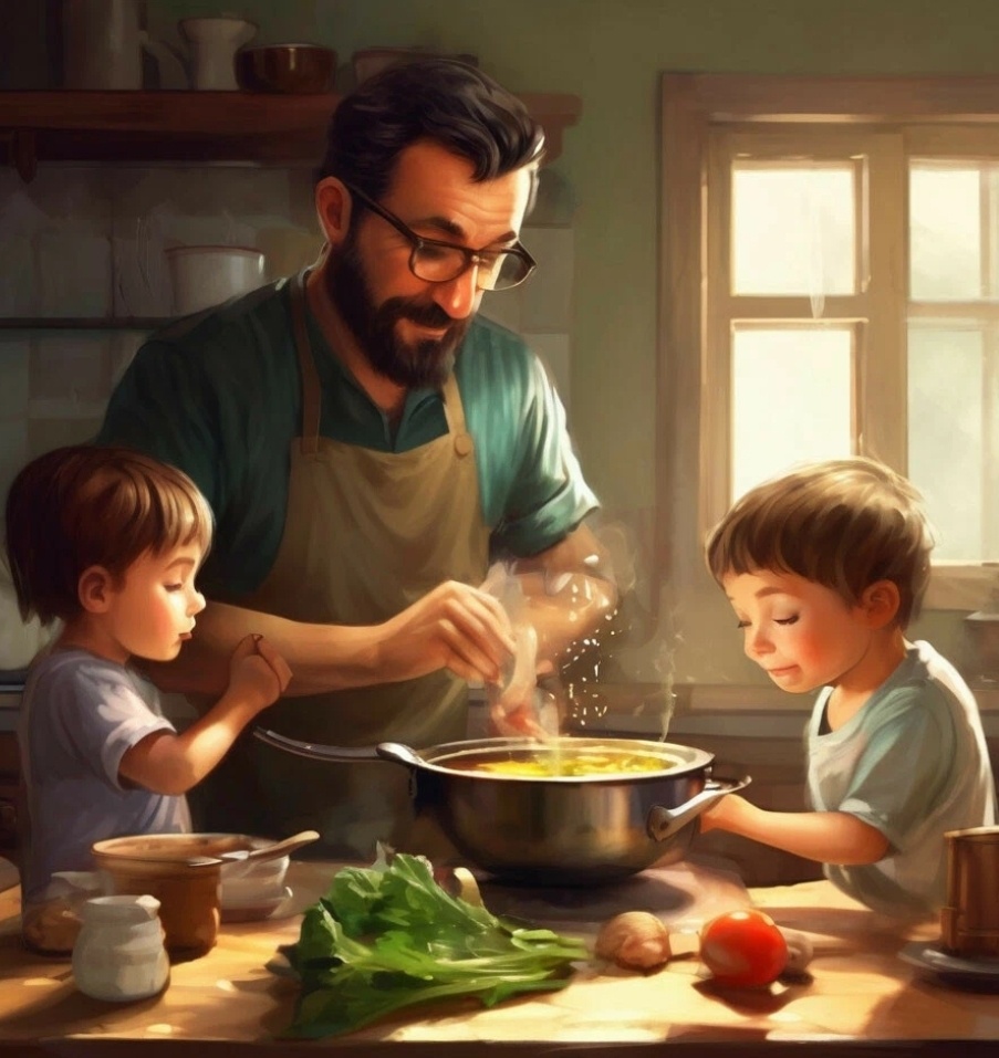 Отец с детьми готовит ужин. А что тут такого?