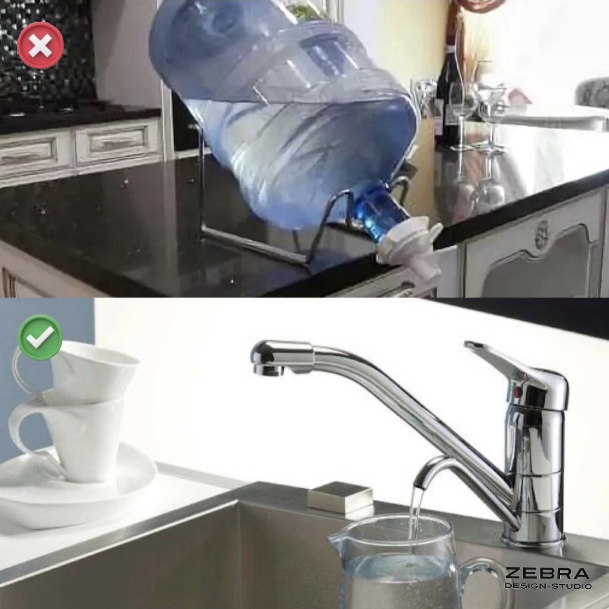 Бутыли с чистой водой.
Современные решения гораздо удобнее, эффективнее и экологичнее. Например, кухонные смесители с двойным изливом для обычной и питьевой воды. В шкафу мойки устанавливается ряд фильтров с обратным осмосом, воду после такой фильтрации можно смело пить и готовить на ней. Неоспоримым плюсом становится то, что отпадает необходимость носить тяжелые бутылки с водой, нужно просто открыть кран.