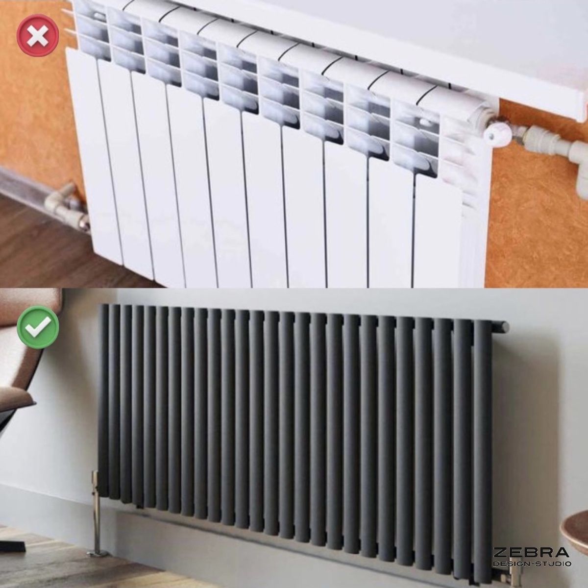 Радиаторы от застройщика.
Как правило, не отличаются дизайном и функциональностью, тем более сейчас продолжается тенденция на открытые окна. Они делают пространство более светлым и  просторным, но также меняют требования к  системе отопления. В своих проектах я использую дизайнерские радиаторы или внутриплодные конвектора. 