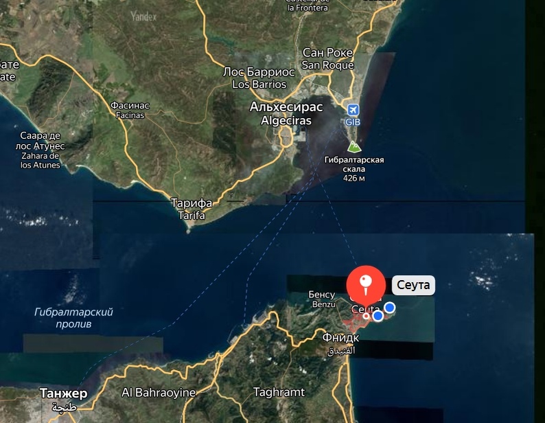 Гибралтарский пролив. Источник Яндекс карты.