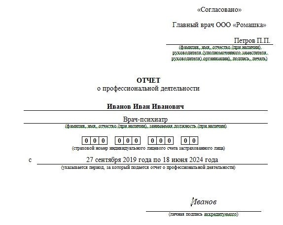 Образец заполнения бумажного отчета о профессиональной деятельности