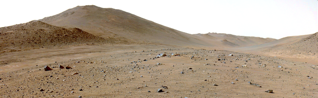Марсоход НАСА Perseverance двигался по руслу древней реки Неретва Валлис (Neretva Vallis), когда запечатлел этот вид представляющей научный интерес области, прозванной "Светлый ангел", - светлый участок вдали справа. NASA/JPL-CALTECH.