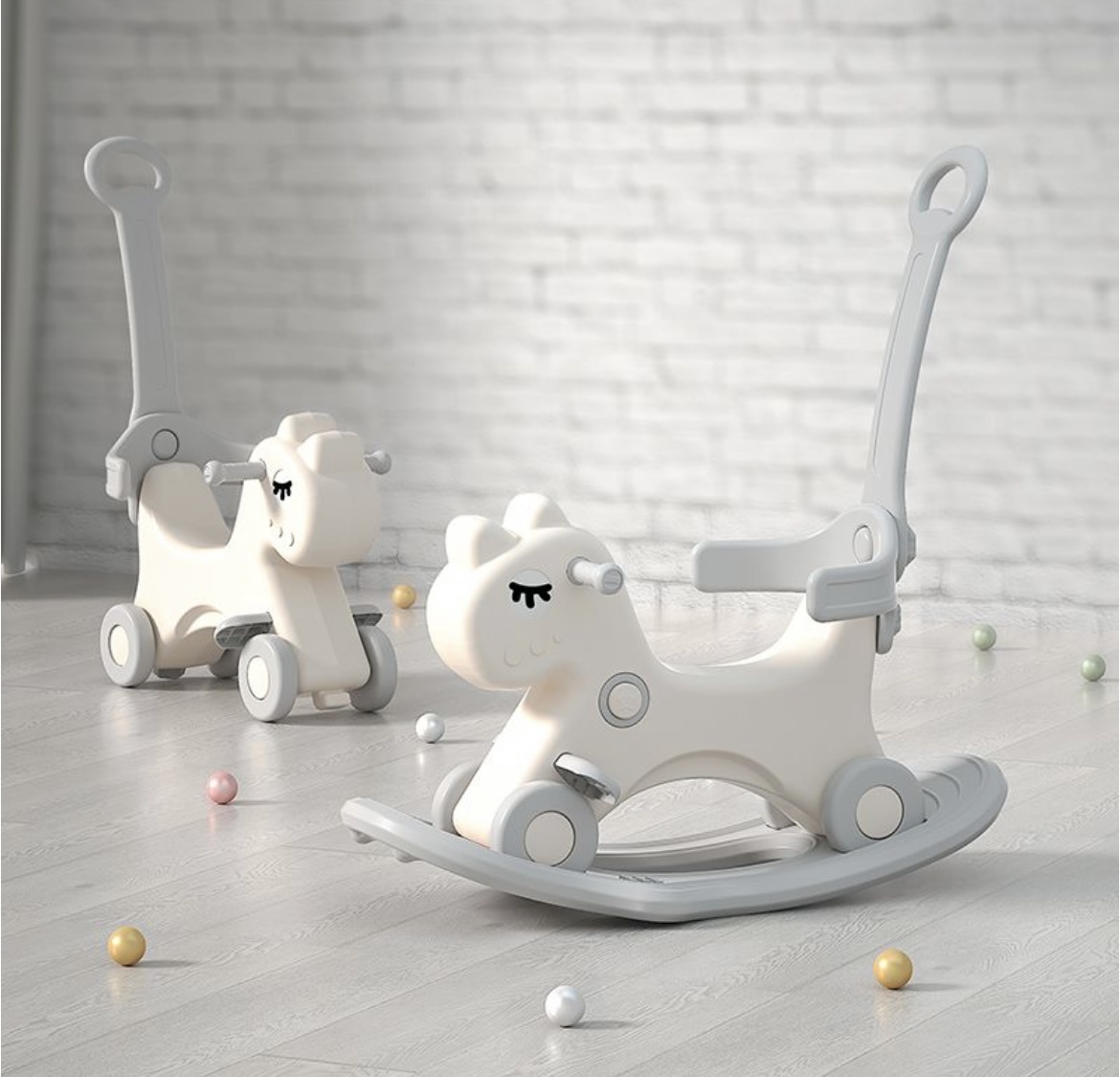 Лошадка-качалка-беговел с ручкой UNIX Kids Grey для детей, для дома и улицы, 90х85х34 см, серый. 