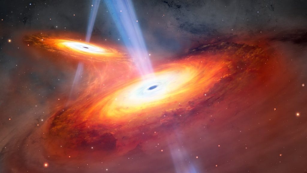    This illustration depicts two quasars in the process of merging. Using both the Gemini North telescope, one half of the International Gemini Observatory, which is supported in part by the U.S. National Science Foundation and operated by NSF NOIRLab, and the Subaru Telescope, a team of astronomers have discovered a pair of merging quasars seen only 900 million years after the Big Bang. Not only is this the most distant pair of merging quasars ever found, but also the first confirmed pair found in the period of the Universe known as Cosmic Dawn. Александр Шереметьев