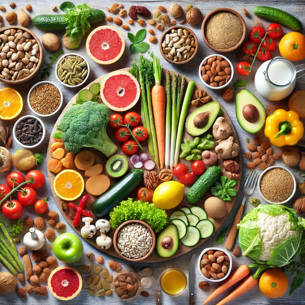 Картинка включает разнообразные растительные продукты, такие как фрукты, овощи, зерновые, орехи и семена, красиво расположенные на кухонном столе. 