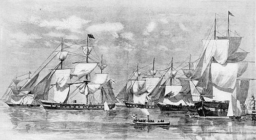 1864, 19 июня (7 июня по старому стилю): В Бостоне (США) состоялся банкет в честь офицеров русской эскадры (Американская экспедиция Российского флота 1863-1865 годов). На фото: Русская эскадра на рейде Нью-Йорка.