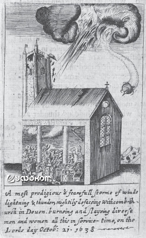 Уайдкомб-ин-зе-Мур, графство Девон, Англия, 21 (31) октября 1638 года. Данный рисунок считается первым изображением шаровой молнии в Англии.