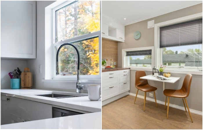 Место возле окна на маленькой кухни можно использовать для установки раковины или небольшой обеденной зоны 