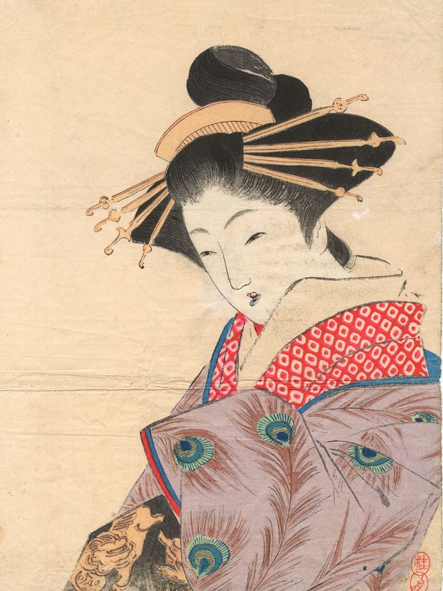 Япония, восемнадцатый век. Павлиньи перья в дизайне ткани.