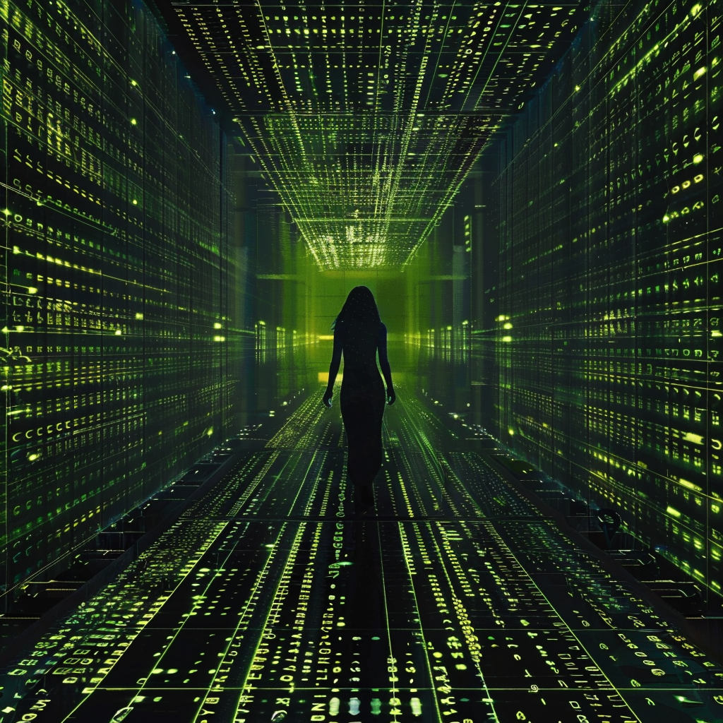 Пример моей генерации в Midjourney по запросу: dark woman silhouette is full-body standing in the matrix texture hallway