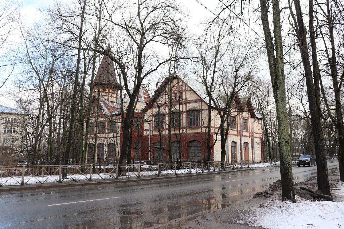 Здание магазина Гвардейского экономического общества в Пушкине в начале весны. 