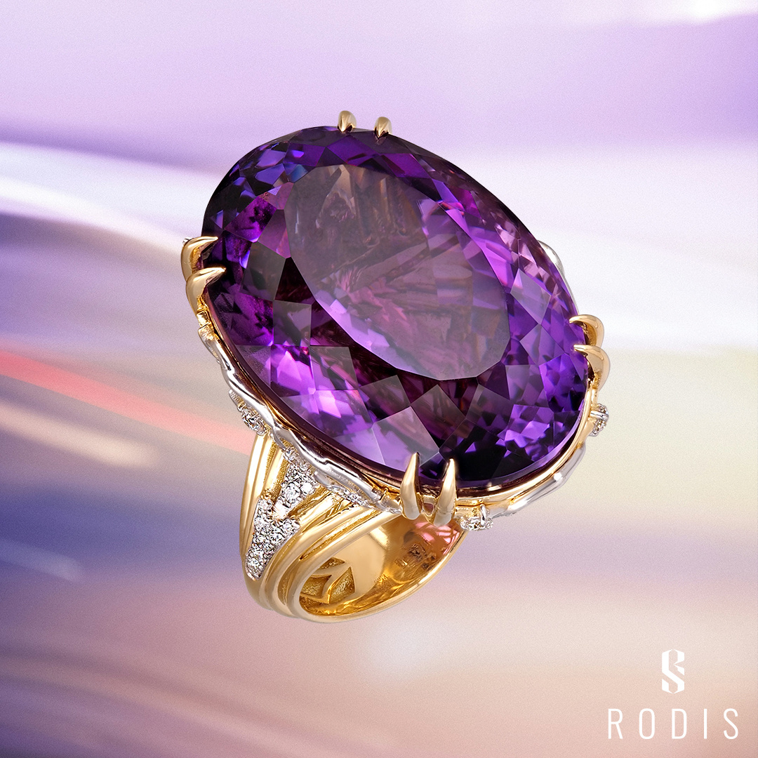 Кольцо ювелирного дома RODIS, желтое золото 585 пробы, бриллианты, аметист. 