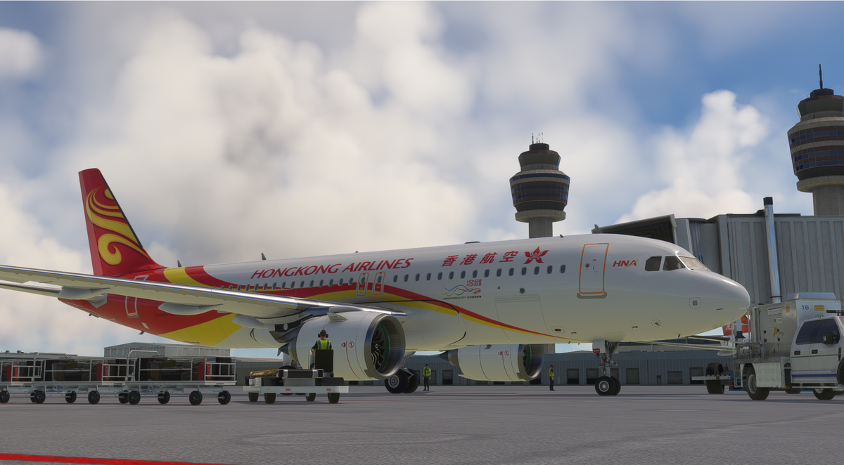 Airbus A32N от FlyByWire в ливрее авиакомпании Hongkong Airlines в симуляторе