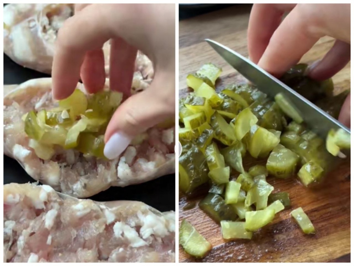 Подготавливаем колбаски, разрезая их так, чтобы уложить в разрезы нарезанный огурец и ...