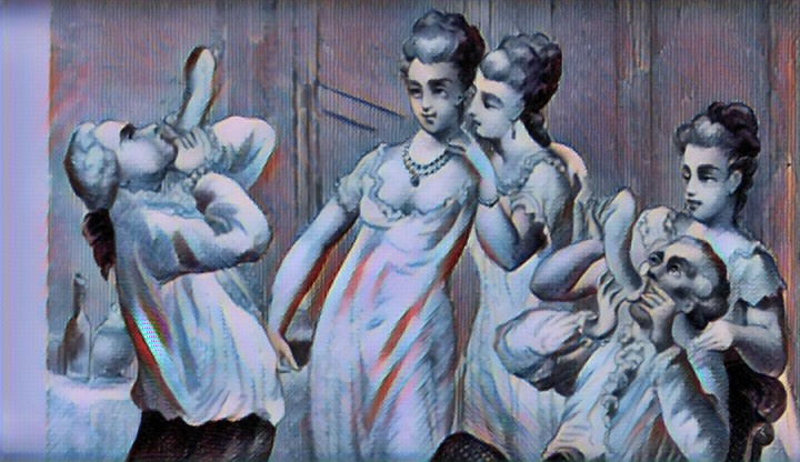 Вариант старинной гравюры: Джентльмены показывают дамам, как выглядит изделие господина Кондома.