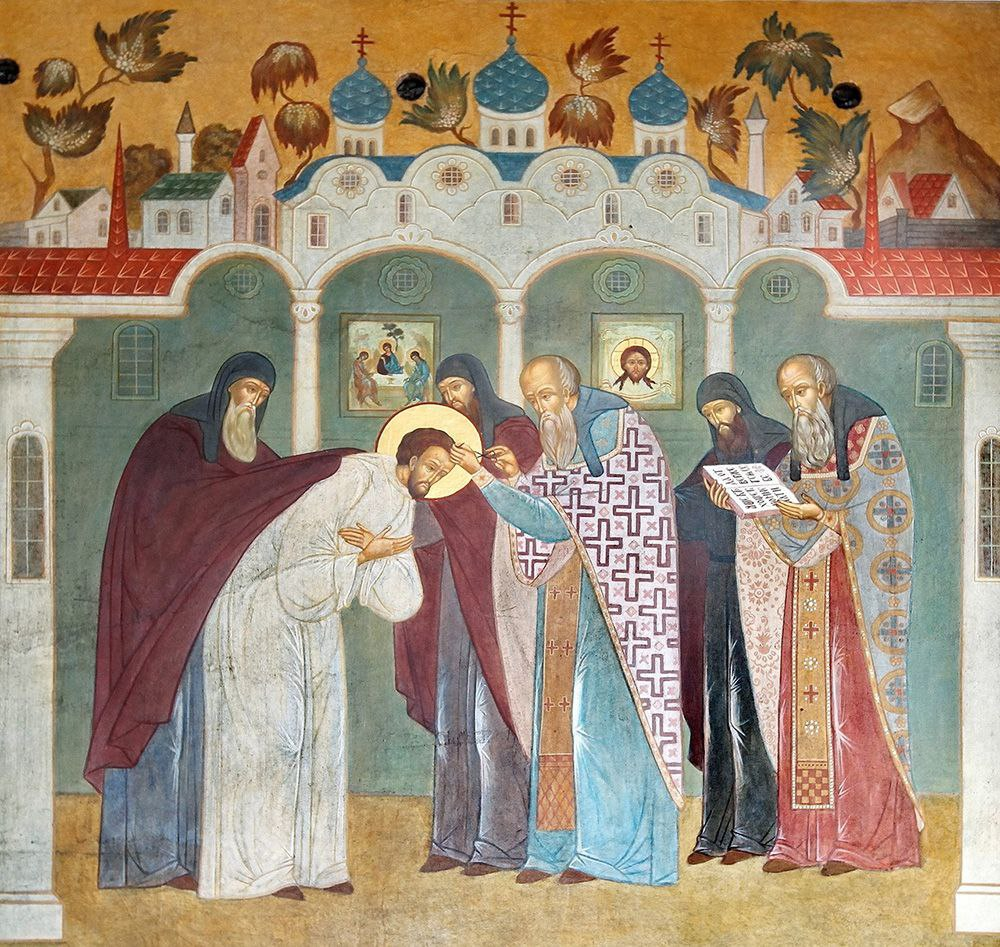 Игумен Митрофан постригает отрока Варфоломея в иноческий образ с именем Сергий. Фреска Святых врат Троице-Сергиевой Лавры