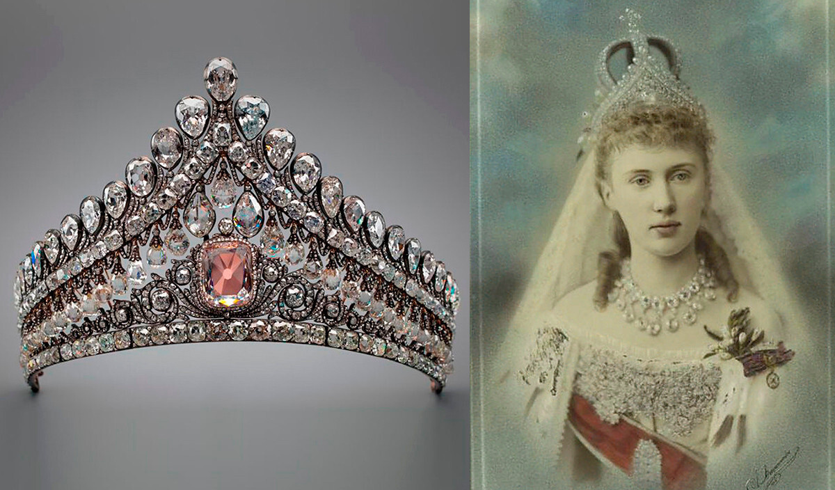 Диадема с розовым бриллиантом и Принцесса Елизавета в свадебном платье, венчальной короне и этой диадеме, 1884 год.
Алмазный фонд в Московском Кремле; THE NEW YORK PUBLIC LIBRARY