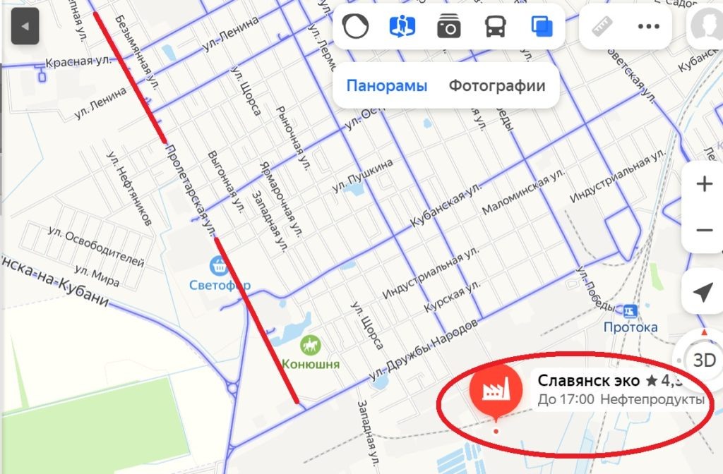 Улица Пролетарская и нефтебаза выделены красным на карте