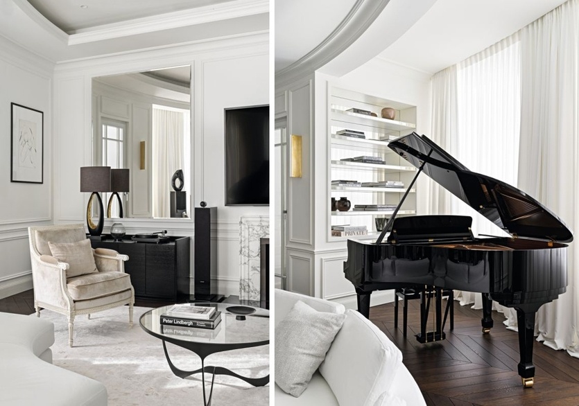 Фрагменты интерьера гостиной. Комоды из тонированного в черный цвет дуба изготовлены по авторским эскизам — здесь хранится коллекция виниловых пластинок хозяина. На комоде — настольная лампа Obus, Heathfield. Портал декоративного камина из мрамора Arabescato Vagli выполнен по эскизам дизайнера специалистами компании «Камины Петербурга». Кресло Massant обито бархатом Dedar. Встроенные стеллажи с зеркальными вставками выполнены на заказ по авторским эскизам. Бра из латуни, Michael Anastassiades.