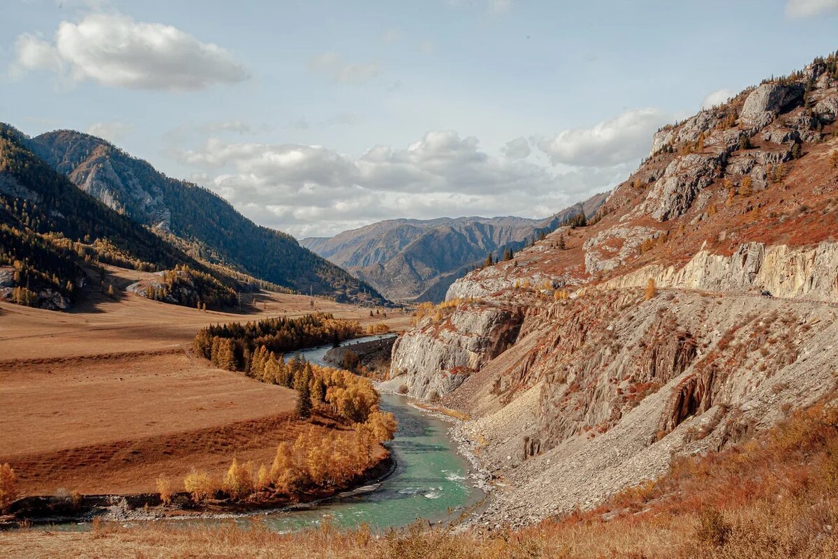 Бирюзовая Катунь на фоне яркой осенней природы Алтая