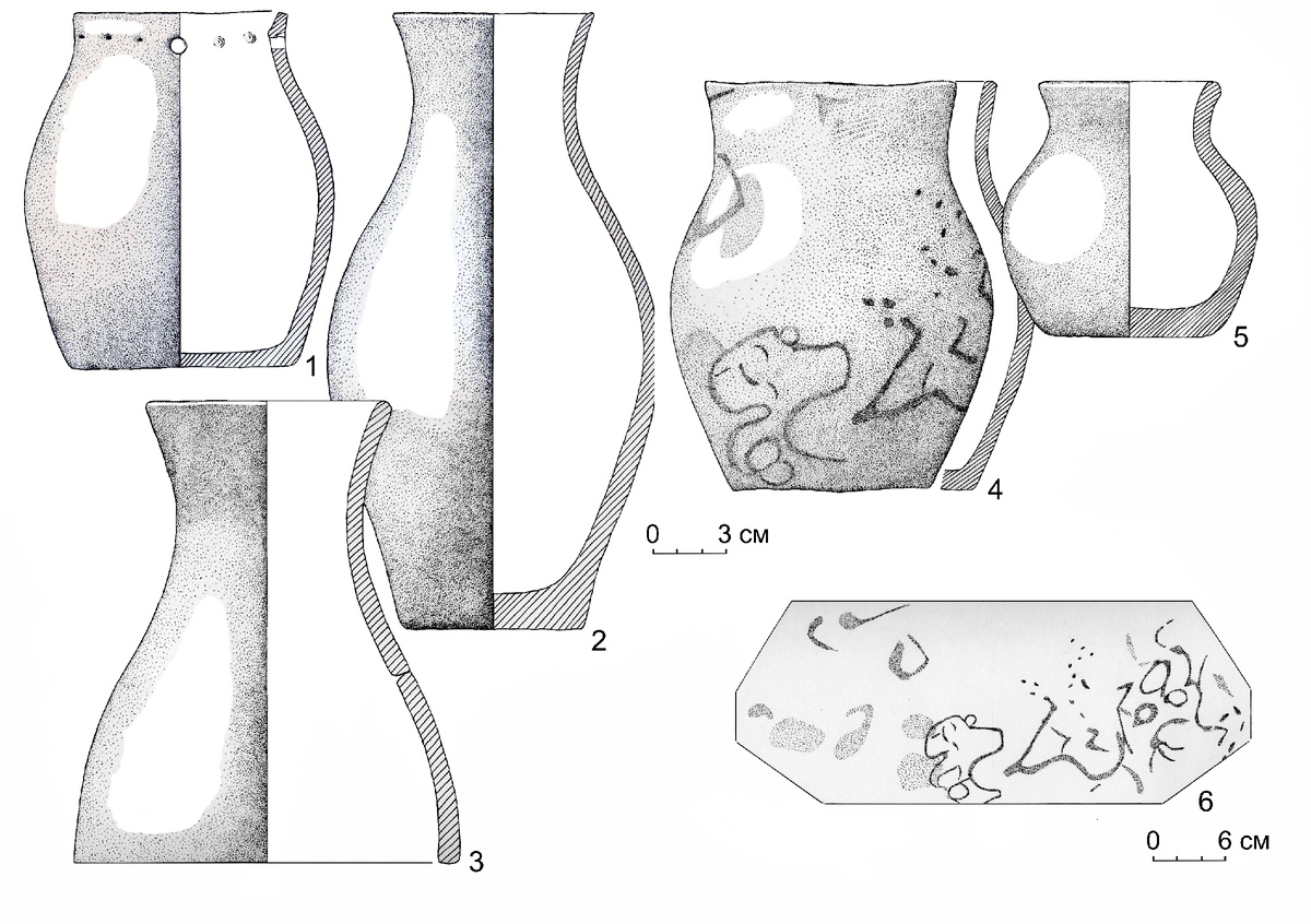 Рис. 1. Керамический комплекс курганного могильника Черемшанка-1: 1 – курган № 14; 2 – поминальник № 2; 3 – прорисовка узора на сосуде из  кургана № 14.