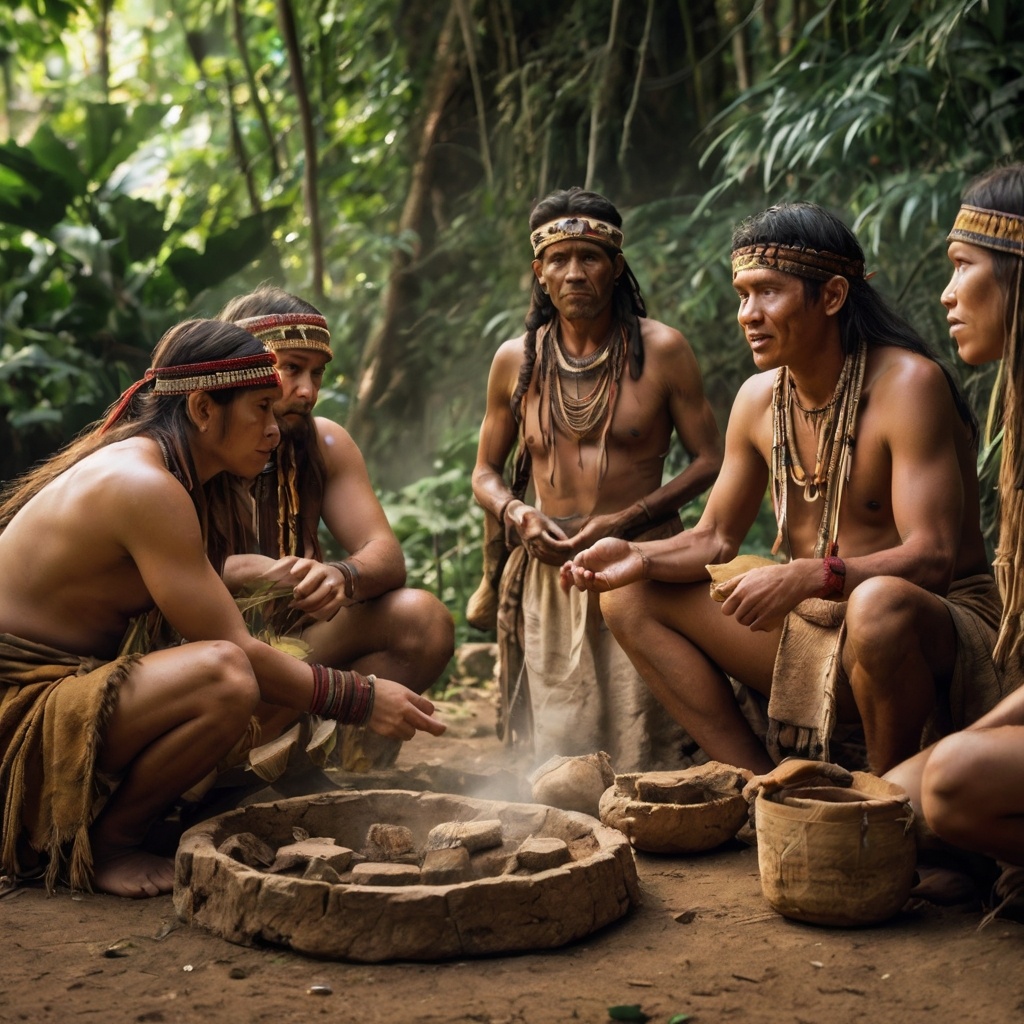 Племя древних людей. Вождь рассказывает историю.